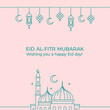 Simple happy eid mubarak greeting card with mosque and islamic ornament monoline vector illustration