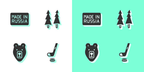 Canvas Print - Set Ice hockey stick and puck, Made in Russia, Bear head and Christmas tree icon. Vector