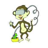 Fototapeta  - Monkey in a virtual reality helmet. The macaque plays computer games. The cable is plugged into the cactus. Bright funny illustration. VR glasses.
