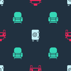 Sticker - Set Taxi car, Safe and Armchair on seamless pattern. Vector