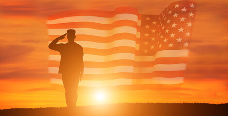 USA army soldier with nation flag. Greeting card for Veterans Day , Memorial Day, Independence Day . America celebration.