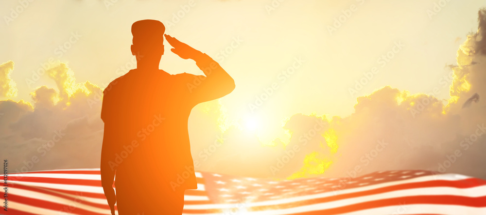 Soldier and USA flag on sunrise background .Concept National holidays , Flag Day, Veterans Day, Memorial Day, Independence Day, Patriot Day. - obrazy, fototapety, plakaty 