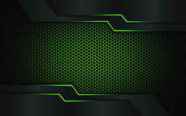 Dark steel mesh abstract background with green glowing lines with space for design. Modern technology innovation concept background