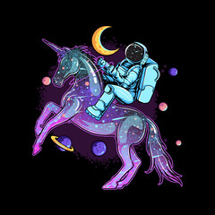 Wall Mural - astronauts ride on a space unicorn horse that comes from a soap balloon between the planets and the 