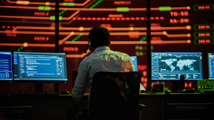 Aufkleber - Professional IT Technical Support Specialists and Software Developer Working on Computers in Monitoring Control Room with Digital Screens with Server Data, Blockchain Network and Surveillance Maps. 