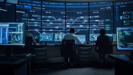 Aufkleber - Professional IT Technical Support Specialists and Software Programmer Working on Computers in Monitoring Control Room with Digital Screens with Server Data, Blockchain Network and Surveillance Maps. 