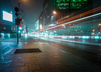 Intersection in the city on a rainy evening