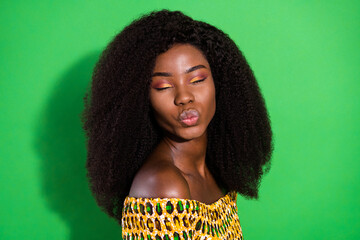 Sticker - Photo of young beautiful stunning gorgeous afro woman pout lips kiss dreaming isolated on green color background