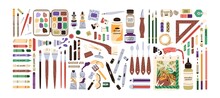 Set Of Artist's Painting Supplies, Tool Kits And Accessories. Crayons, Erasers, Brushes, Colour Pencils, Acrylic, Oil And Watercolor Dyes. Flat Vector Illustration Of Stationery Isolated On White