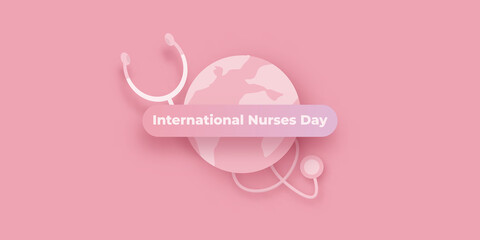 Wall Mural - International nurses day vector horizontal banner or poster with stethoscope isolated on pink background. vector 12 May Happy nurses day icon or sign design template