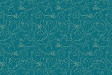 Beautiful Seamless Pattern Of Golden Magnolia Flowers On A Dark Green Background