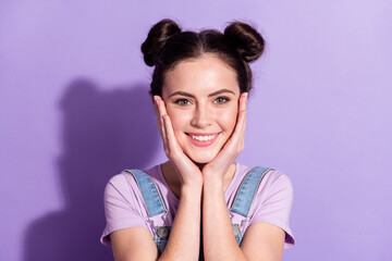 Sticker - Photo of nice optimistic brown hair lady hands face wear jeans overall t-shirt isolated on violet color background