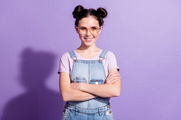 Poster - Photo of adorable friendly girl folded arms toothy smile look camera isolated on violet color background