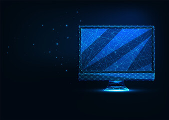 Wall Mural - futuristic glowing low polygonal computer display isolated on dark blue