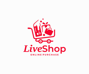 Online shopping logo design. Purchases in the online store vector design. Shopping cart with credit card, bag and gift logotype