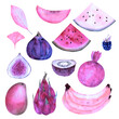 Watercolor tropical fruits in shades of amethyst and pale pink. Papaya, mango and cutaway, cut figs, pomegranate, bananas, watermelon, kiwi For design, decoration of fabrics, waste paper, stickers.