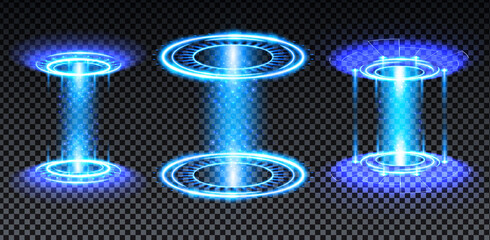 Wall Mural - Blue hologram portal set. Magic fantasy portal. Magic circle teleport podium with hologram effect. Vector blue glow rays with sparks on transparent background.