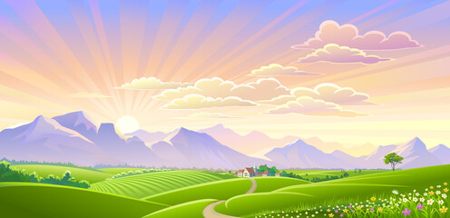 Wall Mural - a beautiful countryside town in the middle of the meadows.