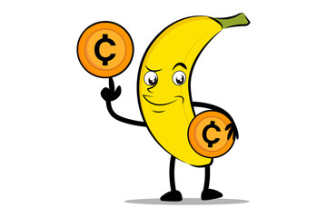 Banana Cartoon mascot or character holding crypto coins, digital coins or digital money