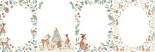 Christmas Invitation Frame Template With Woodland Animals And Winter Foliage Watercolor Illustration