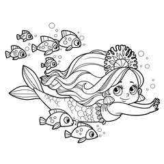 Poster - Cute little mermaid girl in coral tiara swims with a school of fish outlined for coloring page isolated on white background