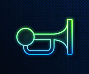 Sticker - Glowing neon line Signal horn on vehicle icon isolated on blue background. Vector