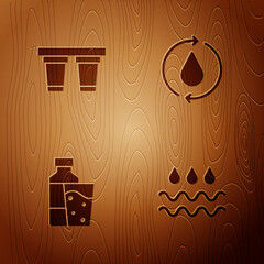 Sticker - Set Wave with water drop, Water filter, Bottle of glass and Recycle clean aqua on wooden background. Vector