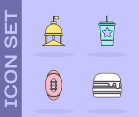 Sticker - Set Burger, White House, American Football ball and Paper glass with straw icon. Vector