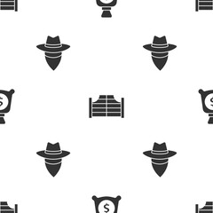 Poster - Set Money bag, Saloon door and Cowboy on seamless pattern. Vector