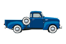 Farm Retro Pickup Drawing. Classic Car In Cartoon Style. Isolated Vintage Vehicle Wall Art. Side View. Truck For Nursery Decor