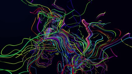 Wall Mural - AI signals. 4k abstract looped bg. Multicolor flash of curved lines. Concept of neural network, artificial intelligence. Running neon lights like garland or lightnings. Luma matte as alpha channel