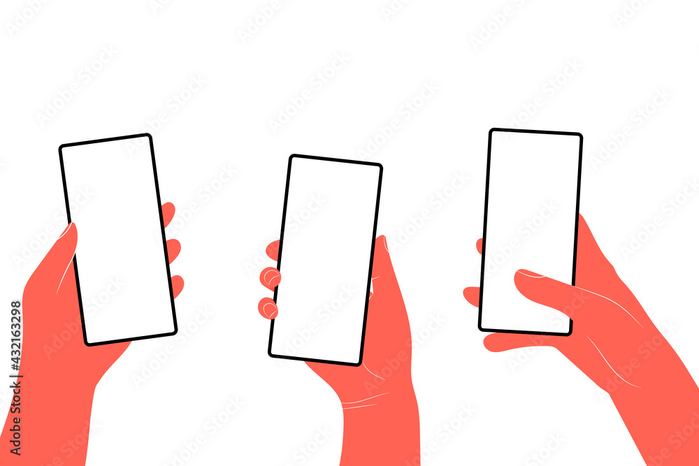 Human hands hold horizontally mobile phone with blank screen. Hand ...