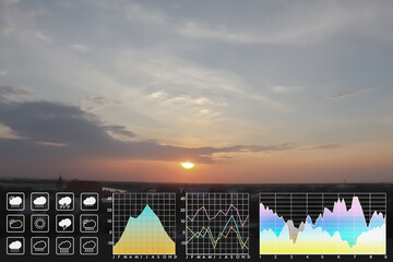Wall Mural - weather forecast symbol data presentation with graph and chart on dramatic atmosphere panorama view 