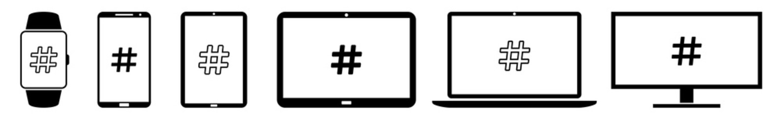 Wall Mural - display hash, tag, hashtag, hashtags, social, media icon devices set | web screen device online | la