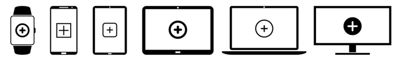Wall Mural - display plus, add, plus, zoom, cross, addition, summing icon devices set | web screen positive, addi