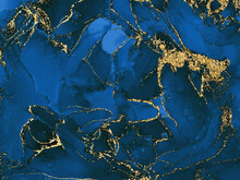 Black And Blue Watercolor Background With Gold Glitter. Watercolor Alcohol Ink Splash, Liquid Flow Texture Paint, Wallpaper . Vector