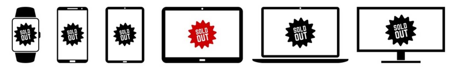 Wall Mural - display sold, out, label, badge, price, tag, sticker, logo icon devices set | web screen device onli