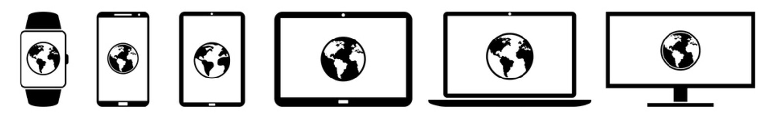 Wall Mural - display world, planet, earth, globe, eco, ecology, geography icon devices set | web screen device on