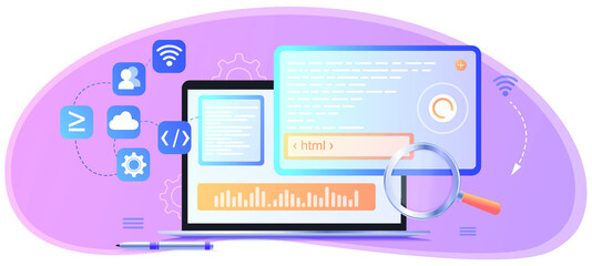 Web development, programmer engineering and coding website on augmented reality interface screens. Developer project engineer programming software or application design. Web banner