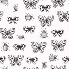 Wall Mural - Bugs and butterflies seamless pattern. Linear graphic. Minimalist style. 