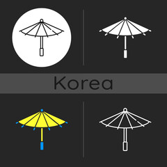 Poster - Korean umbrella dark theme icon. Bamboo and paper parasol. Ethnic japanese accessory. Seoul travel. Korean culture. Linear white, simple glyph and RGB color styles. Isolated vector illustrations