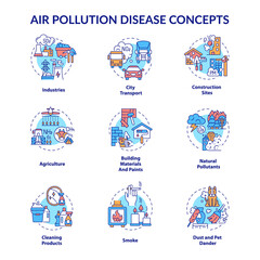 Sticker - Air pollution disease concept icons set. Emission factors idea thin line RGB color illustrations. Industry. Dust, dander. Building materials, paints. Vector isolated outline drawings. Editable stroke