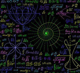 Math scientific multicolored vector seamless pattern with geometry figures, calculations and formulas
