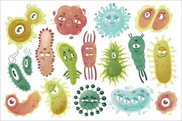 Germs, cute funny colorful set vector illustration. Cartoon comic germs disease microorganism creature characters collection, kawaii microbe pathogen bacteria virus with funny faces isolated on white