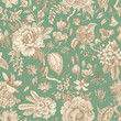 Bloom. Vintage floral seamless pattern. Spring flowers. Green and brown.