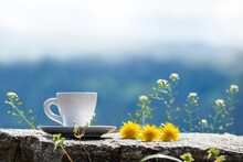 Summer Morning Among Nature Outdoor Concept. Fresh Composition With Coffee Cup And Yellow Dandelions On Gentle, Blurry, Natural Background With Copy Space. Slow Down, Coffee Time, Simple Calm Life