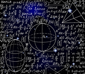 Wall Mural - scientific vector seamless background with handwritten formulas, calculations and figures on the sta