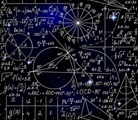Wall Mural - mathematical vector endless seamless pattern with formulas, figures and calculations handwritten on 
