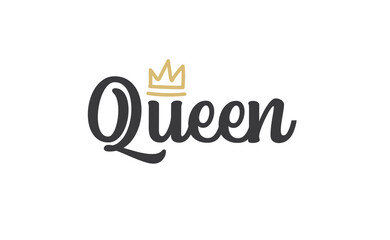 Queen word lettering with gold doodle crown. Vector illustration, calligraphic style text.