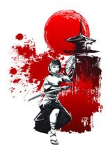 Warrior Girl With Sword And Fan On The Background Of The Pagoda And The Red Sun. Vector Illustration.